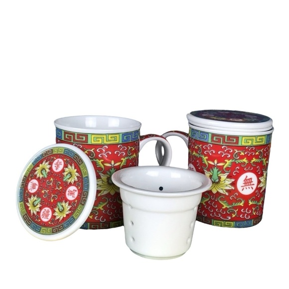 Eastern Asian Jingdezhen Red Longevity Lotus Porcelain Tea Infuser Lidded Cups - Picture 9 of 12